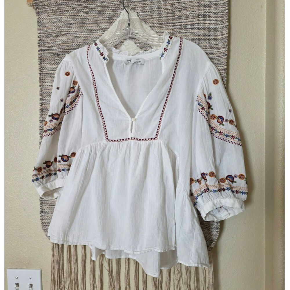 Zara TRF Embroidered Boho Peasant Blouse XL White Floral Folk Sleeve